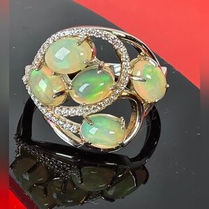 925 Sterling Silver Ring with Natural White Opals & CZ